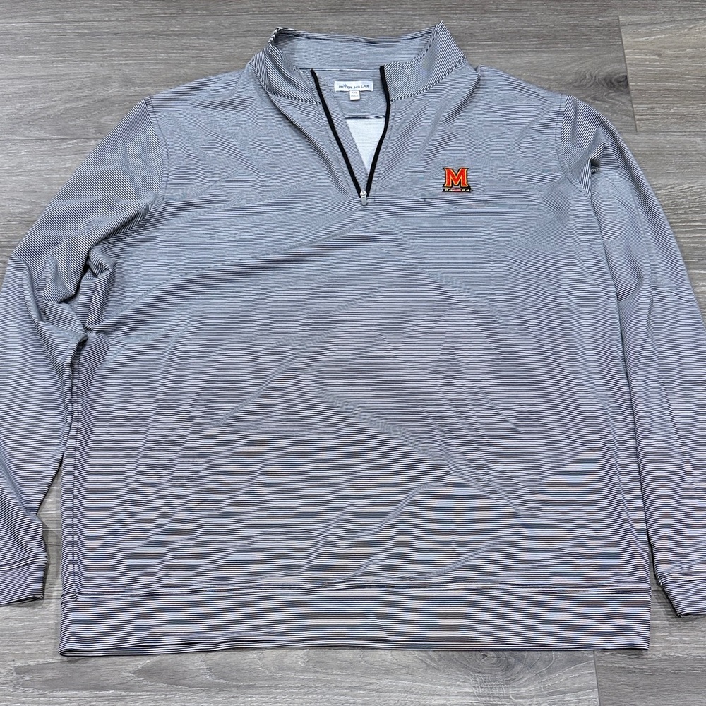 Peter Millar lightweight black/white Quarter-Zip Pullover with U of MD Red Logo